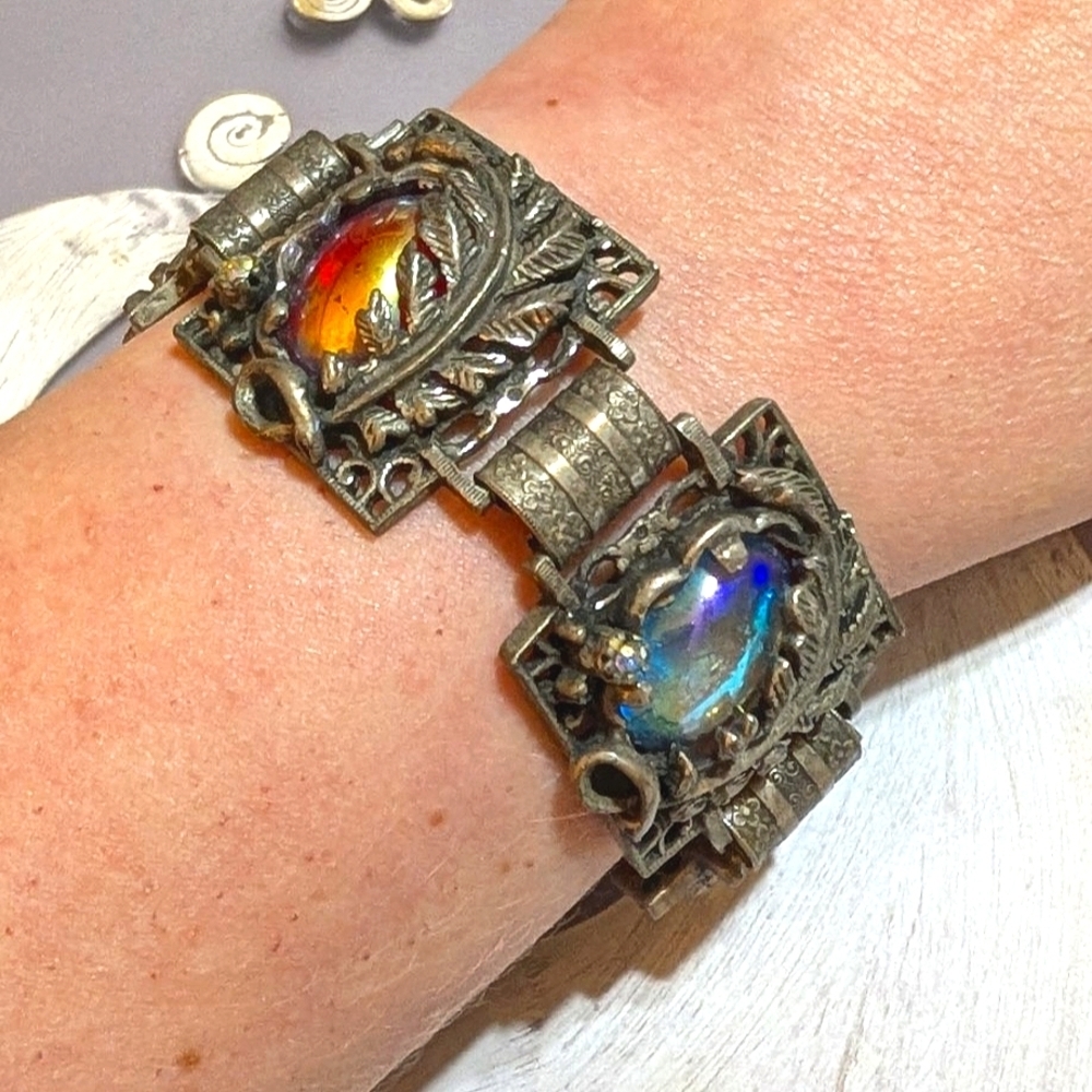 Renaissance Revival Vintage Aurora Borealis Glass and Rhinestone Chunky Bracelet